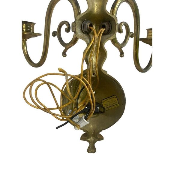 Vintage Leviton Dutch Colonial Style Solid Brass Two Wall Light Sconce with Shad - Picture 2 of 6